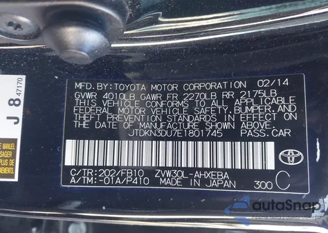 2014 Toyota Prius Two from USA, damaged, VIN JTDKN3DU7E1801745